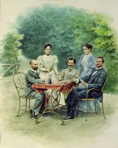 Een kaartspel van Tarrock met Johann Strauss in Bad Ischl, 1898 door Theodor Zajaczowski